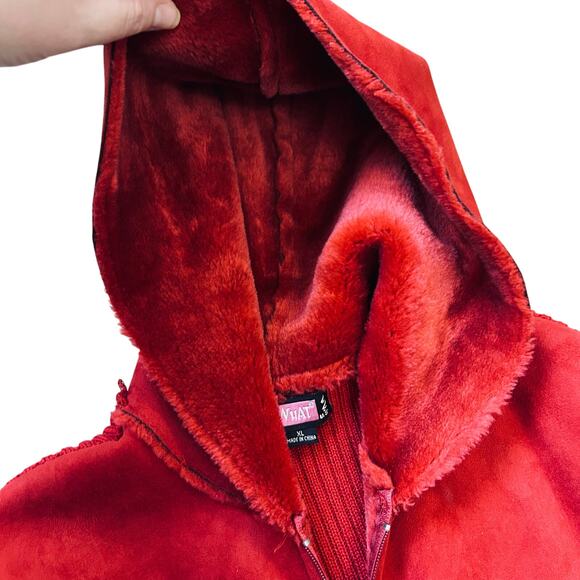 Y2K Cherry Red Faux Suede Leather Jacket Hooded Knit Vintage Faux Fur - Picture 7 of 11